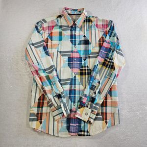 Sun & Stone Western Shirt Adult Medium Pearl Snap Rainbow Patchwork Diamond